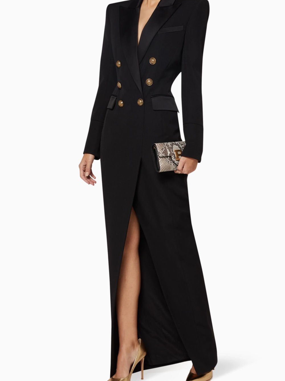 Black Double-Breasted Blazer Gown with Gold Buttons
